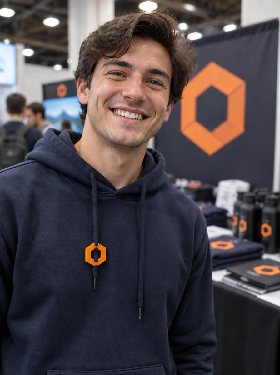 A man at a company trade-show booth wearing a hexagon logo CharmPop on his hoodie string