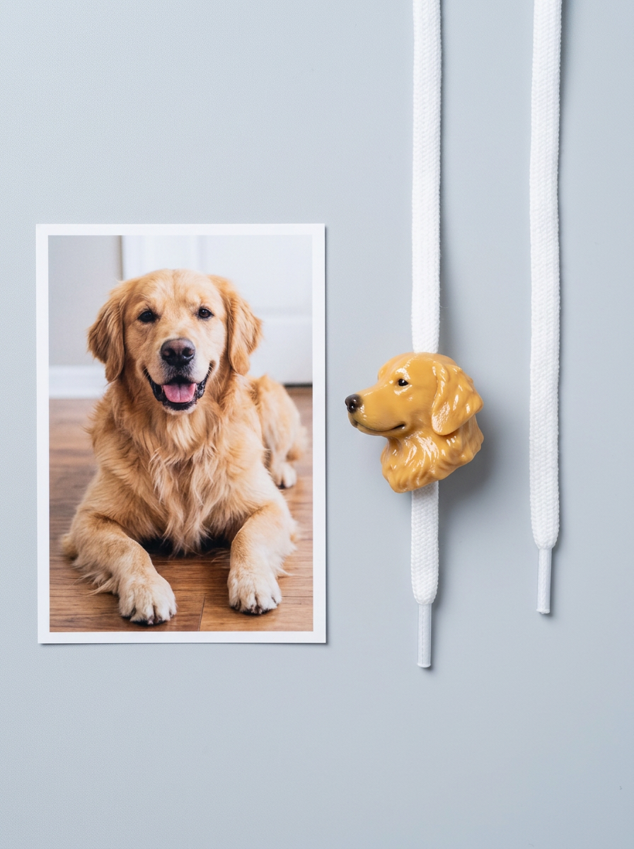 A golden retriever photo beside a matching dog CharmPop on a white lace