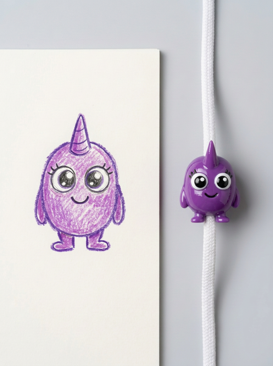 A child's crayon monster drawing beside its matching purple CharmPop on a white cord
