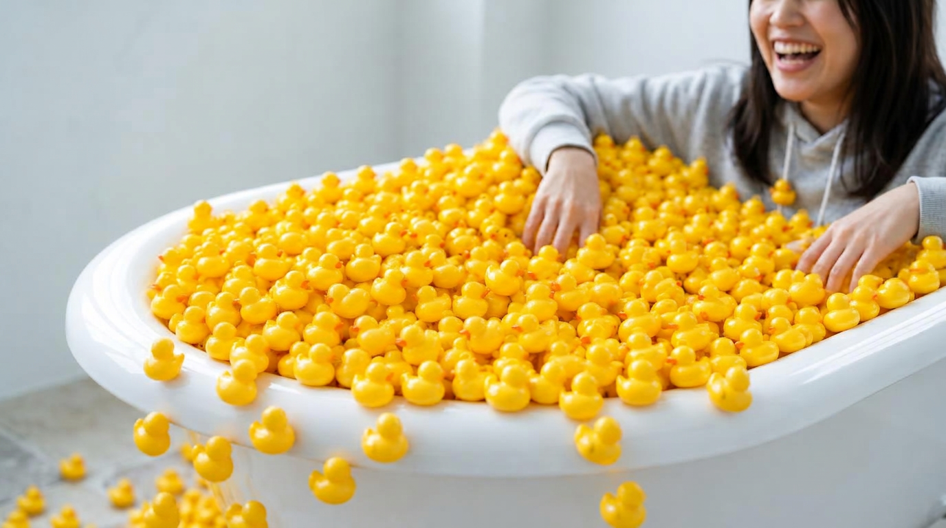 A woman in a grey hoodie laughing in a clawfoot bathtub full of yellow ducks